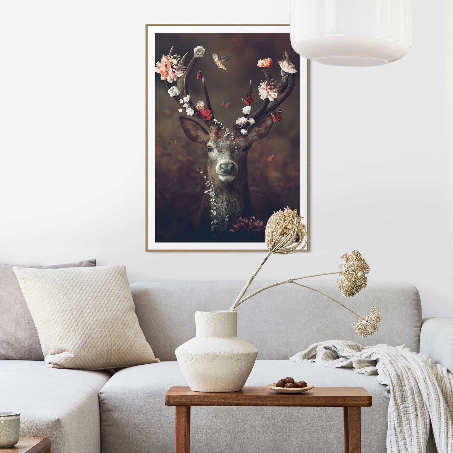Framed in Wood Floral Deer 70x50