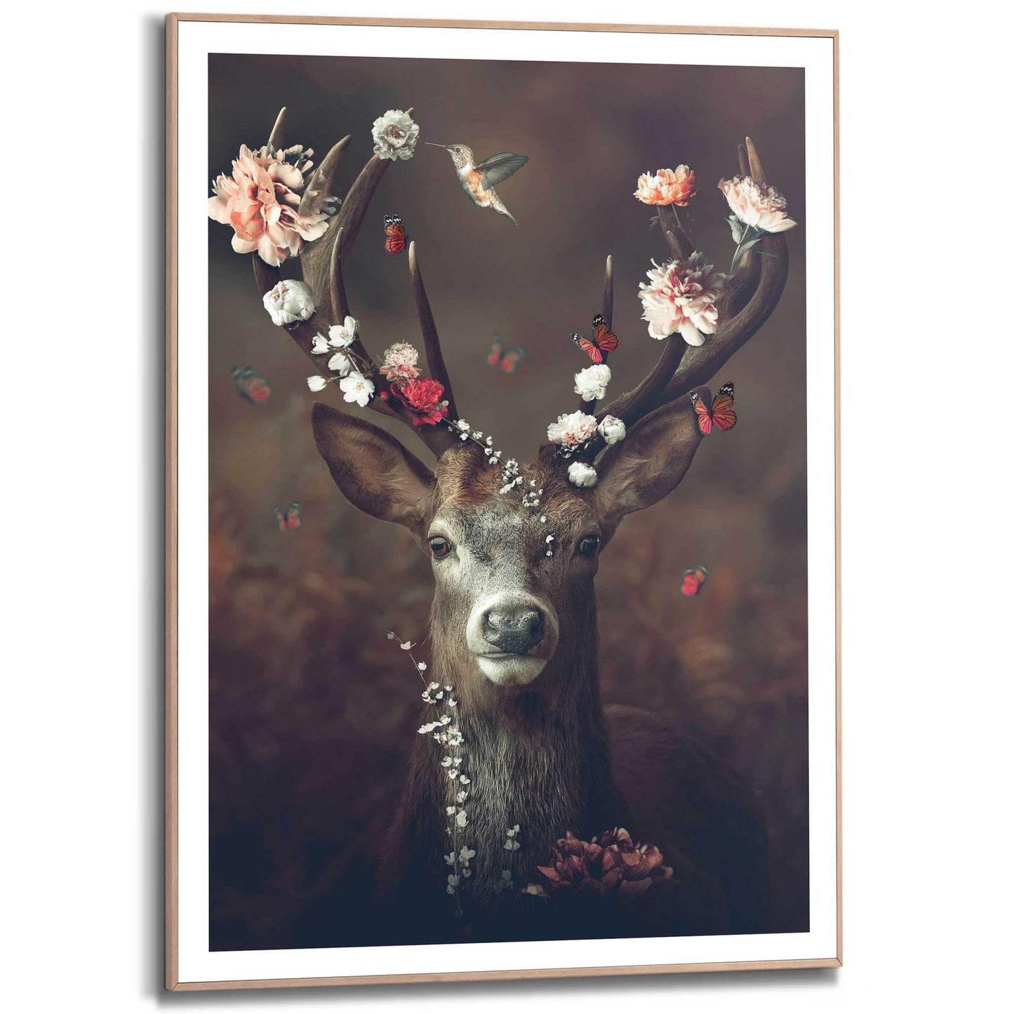 Framed in Wood Floral Deer 70x50