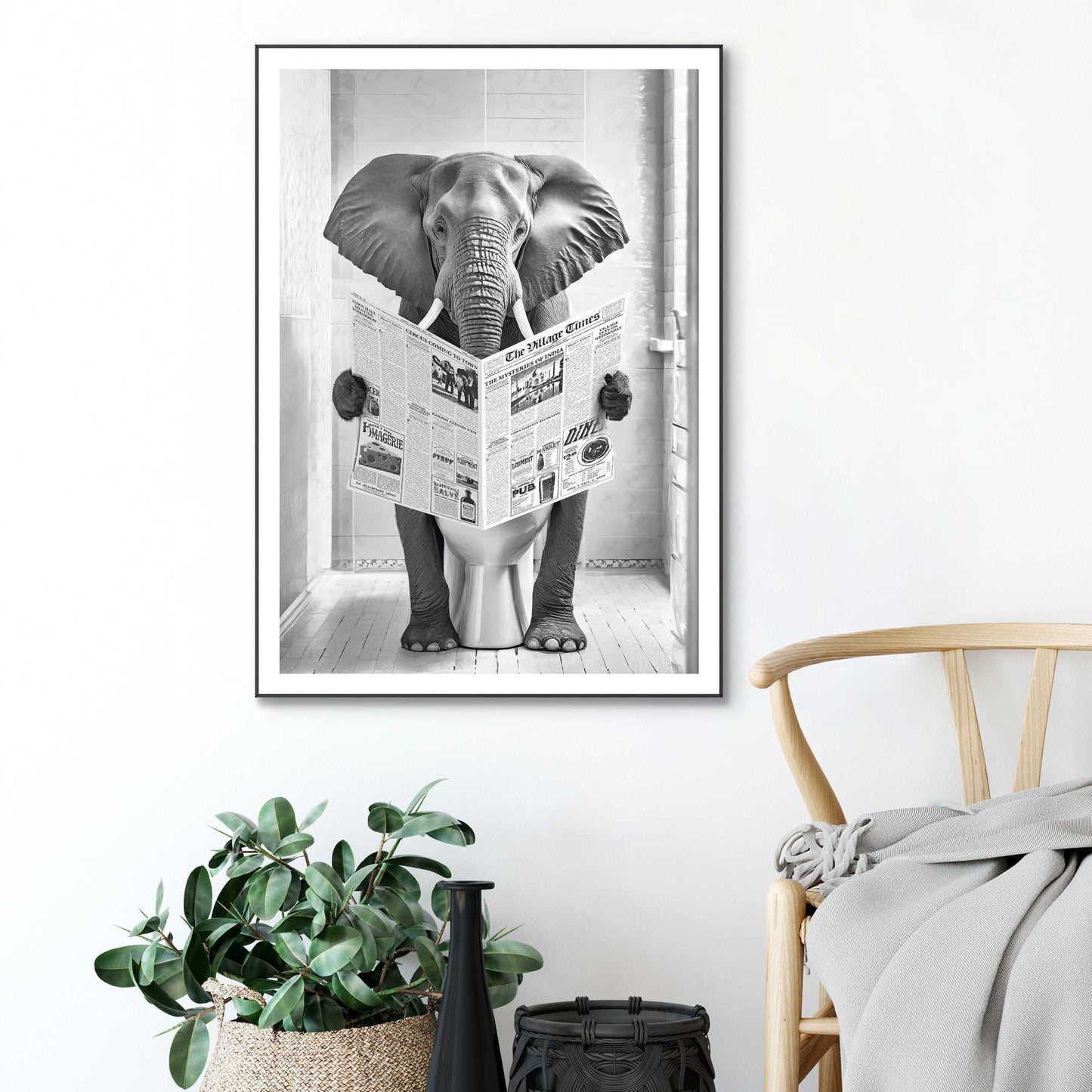 Framed in Black Elephant Toilet 70x50