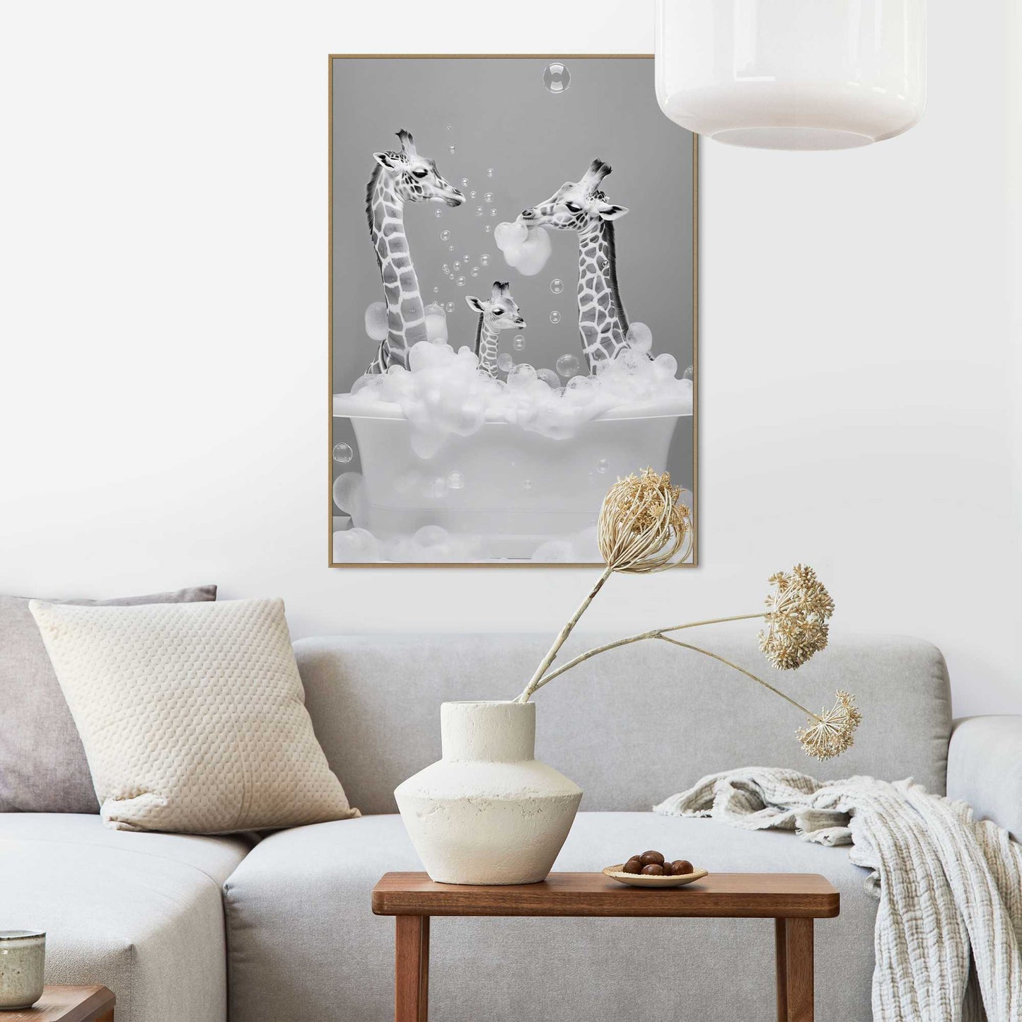Framed in Wood Family Giraffe 70x50