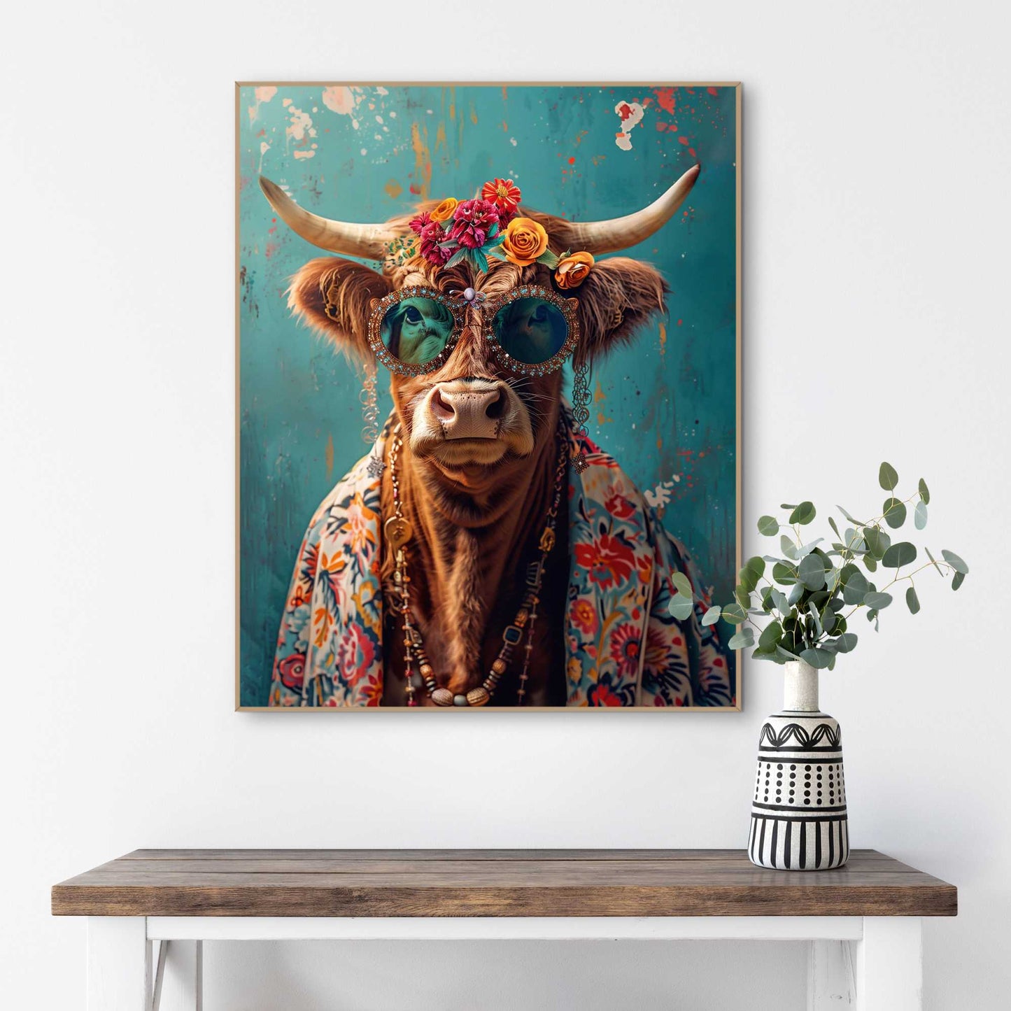 Framed in Wood Coloured Cow 50x40