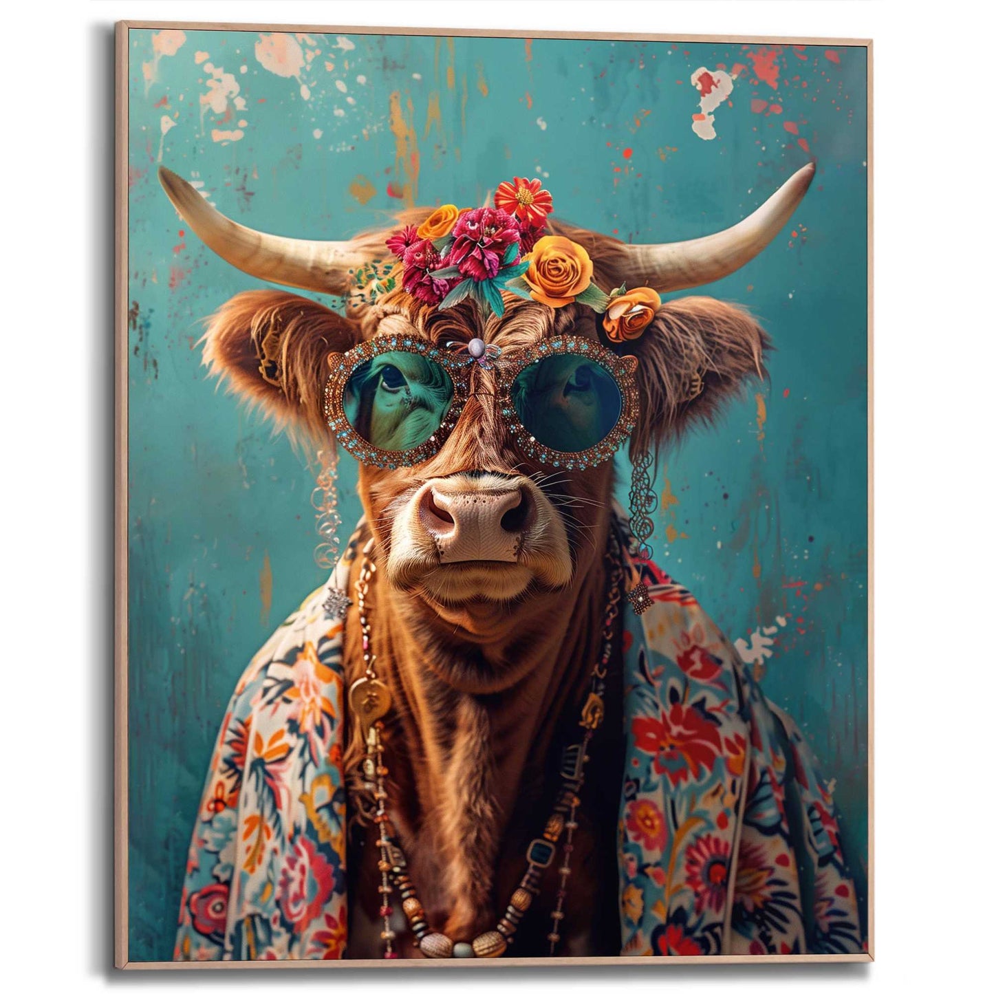 Framed in Wood Coloured Cow 50x40