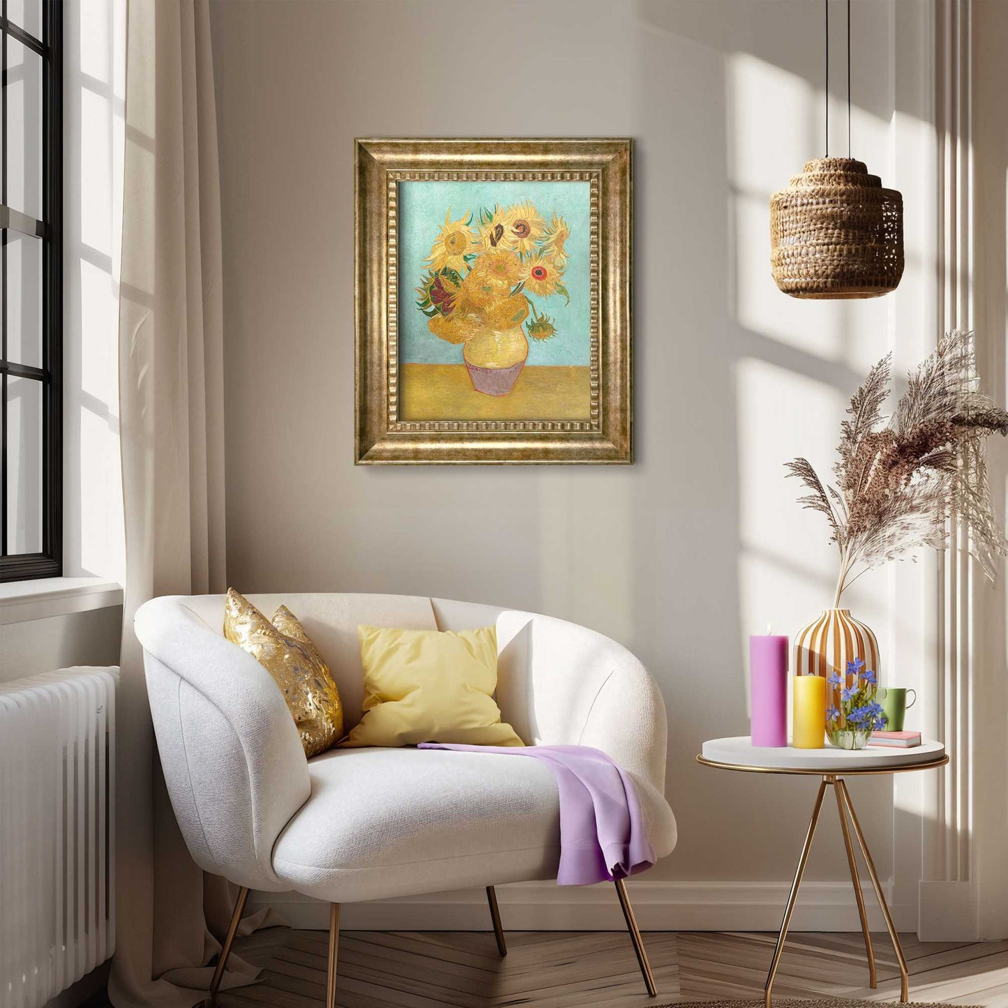Stylish print in baroque frame Van Gogh - sunflowers blue 65x55