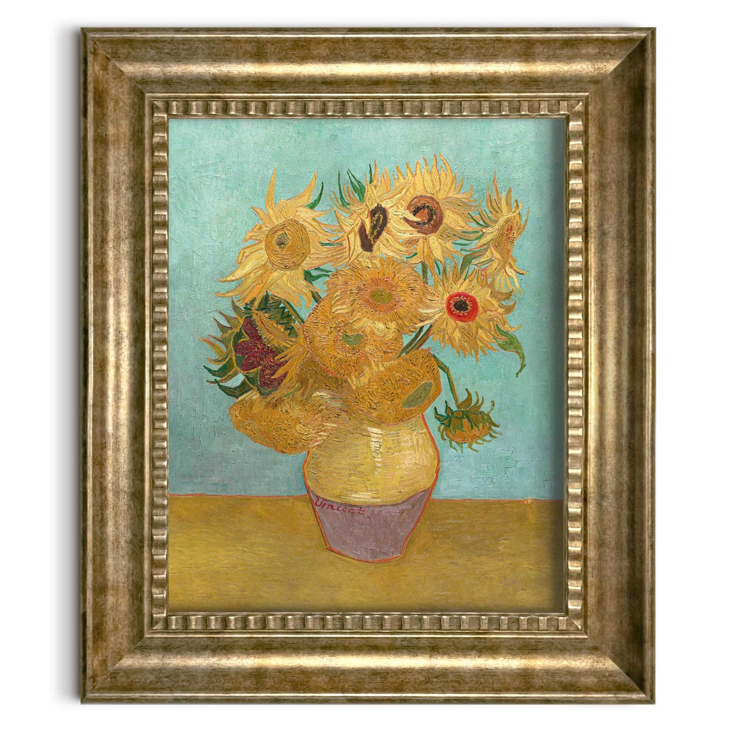 Stylish print in baroque frame Van Gogh - sunflowers blue 65x55