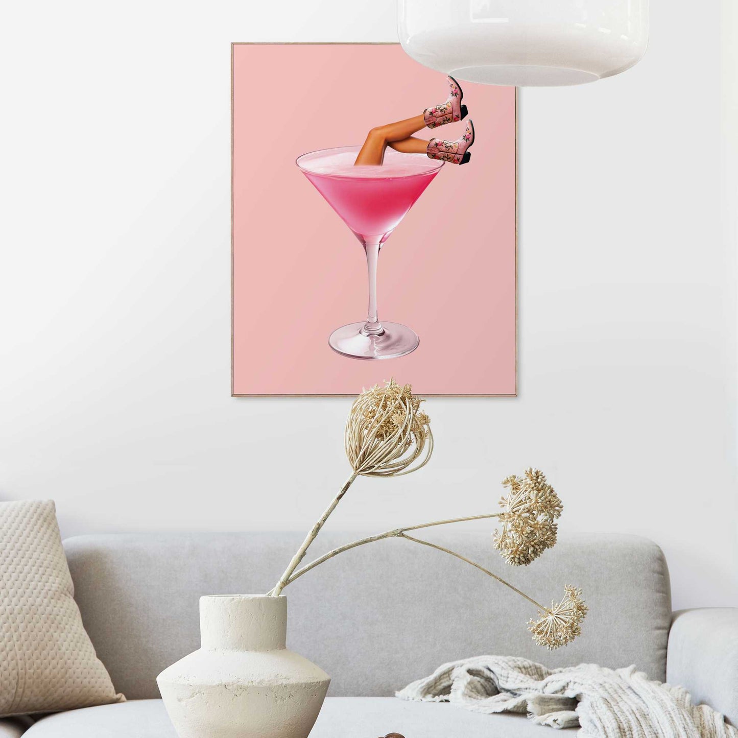 Framed in Wood Pink Flower Boots 50x40