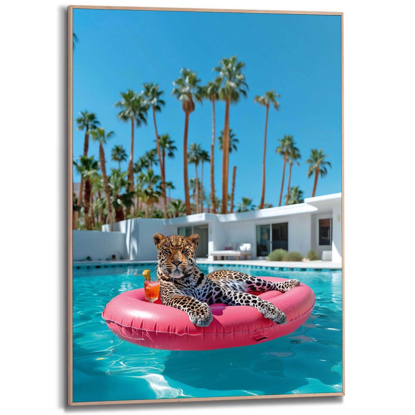 Framed in Wood Floating Leopard 70x50