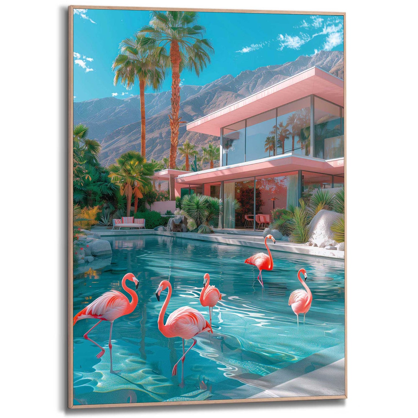 Framed in Wood Flamingo Pool Party 70x50