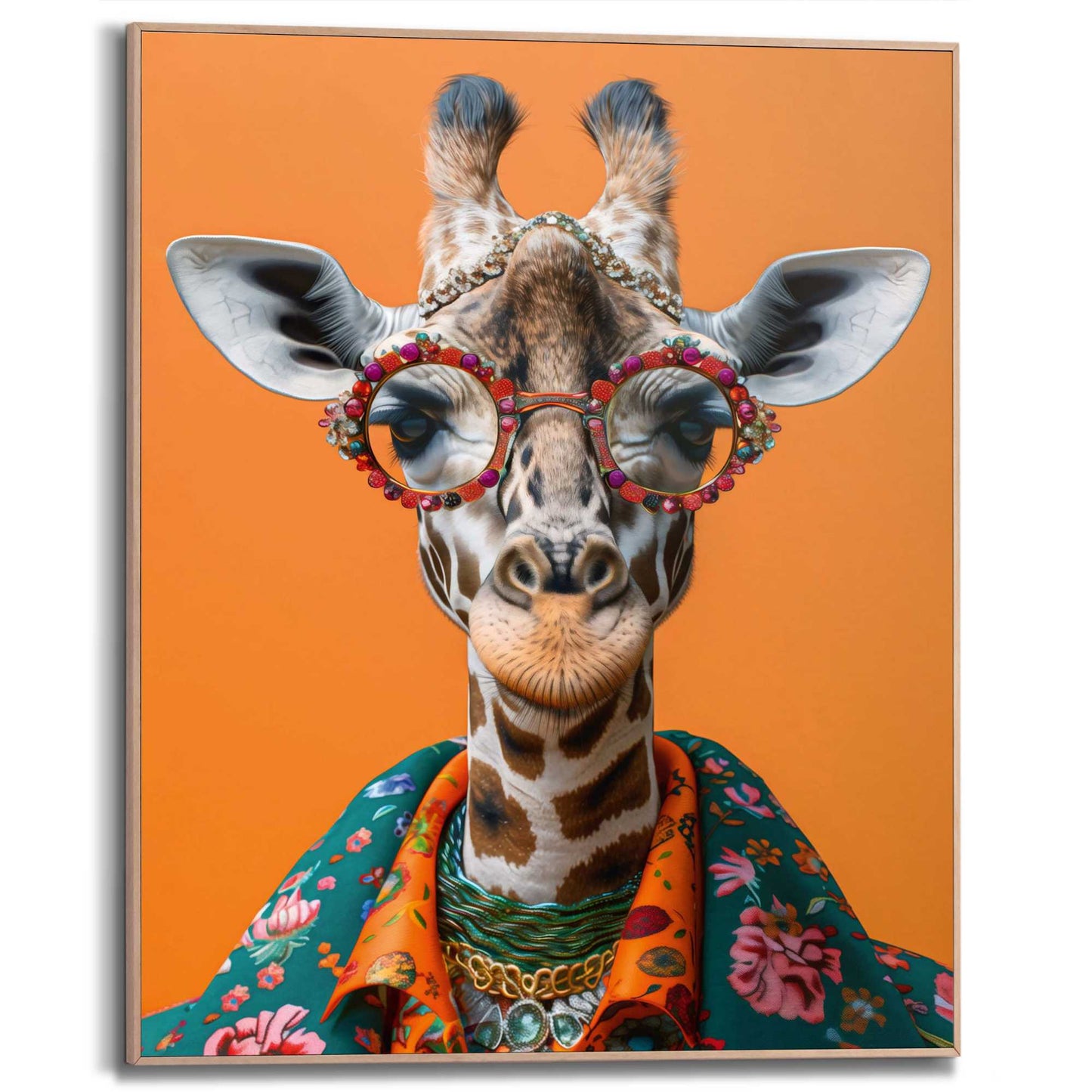 Framed in Wood Happy Giraffe 50x40