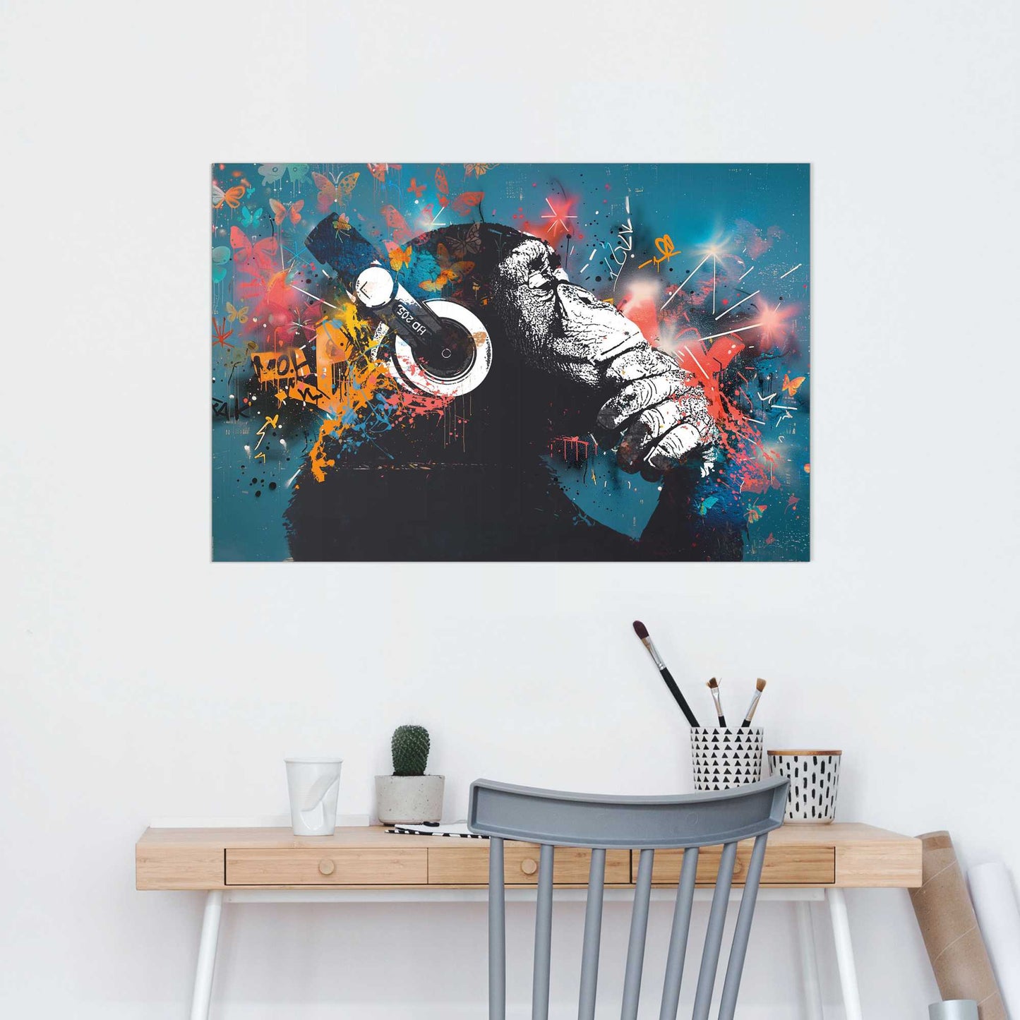 Painting Chimp with headphones 60x90