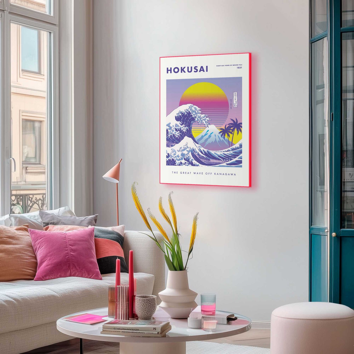 Framed Poster Hokusai - The great wave iN Neon 70x50