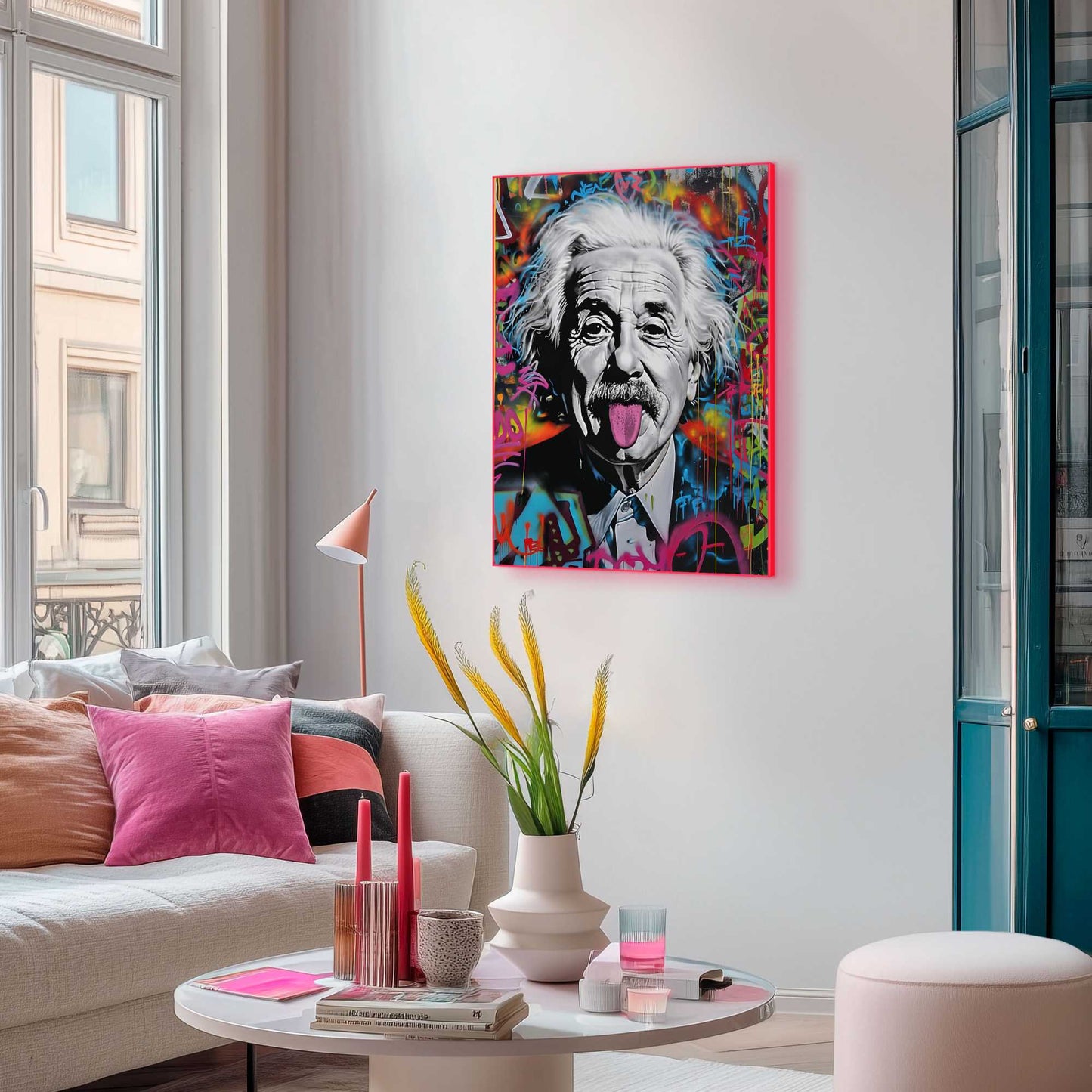 Framed Poster Einstein Tongue in Neon 70x50