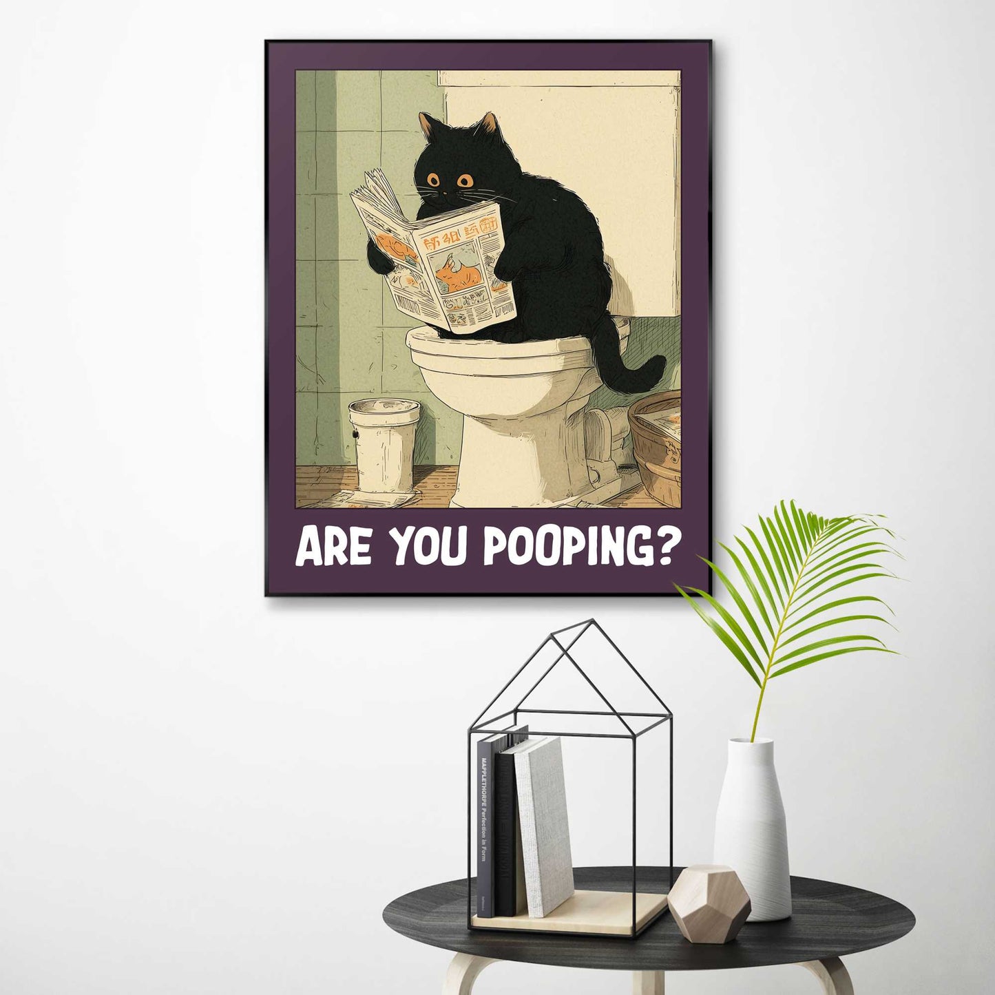 Framed Poster Cat reading on the toilet 50x40