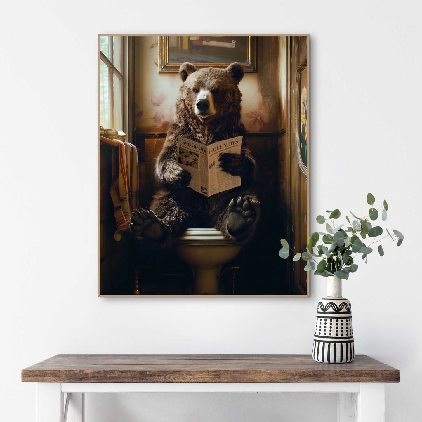 Framed Poster Bear Reading Newspaper 50x40