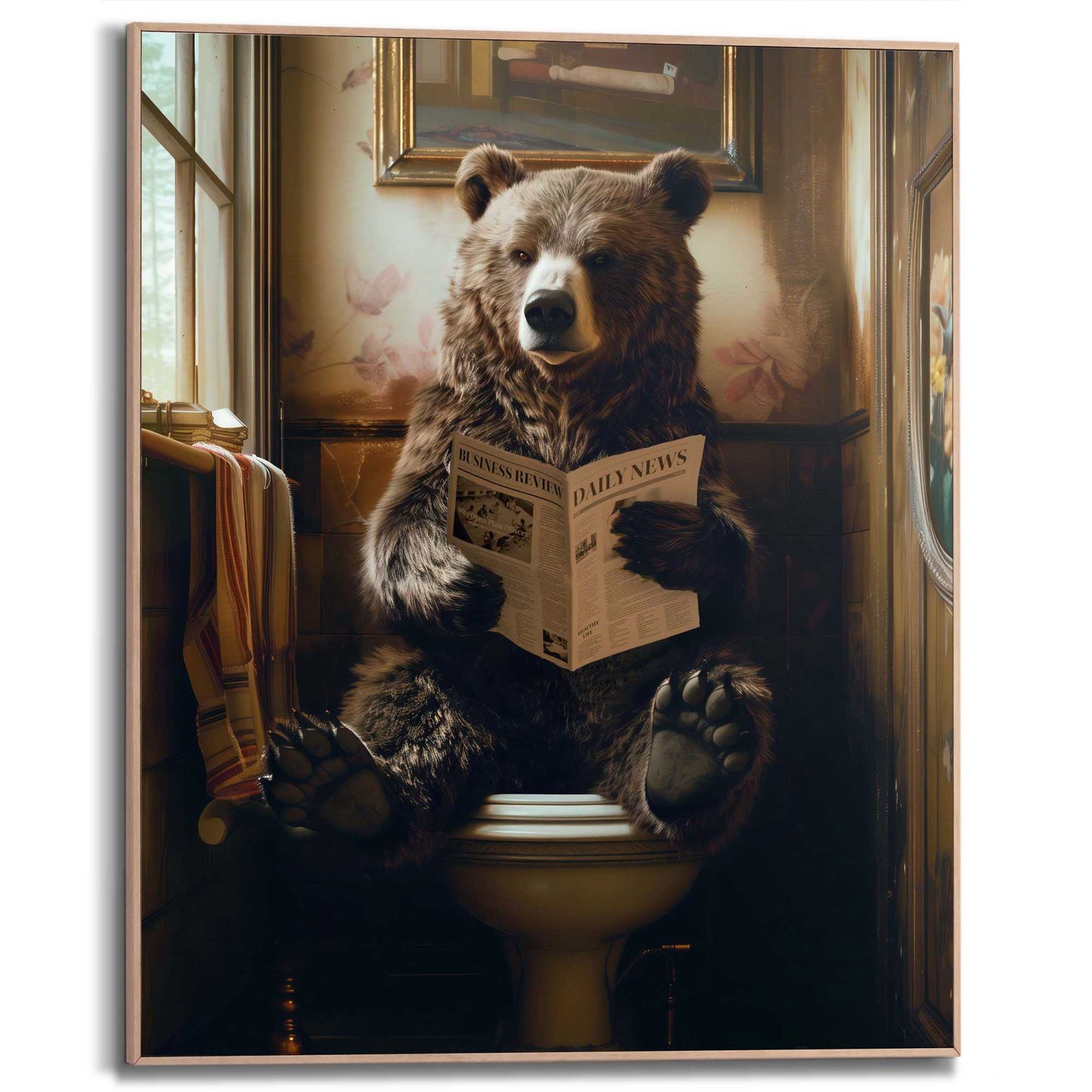 Framed Poster Bear Reading Newspaper 50x40