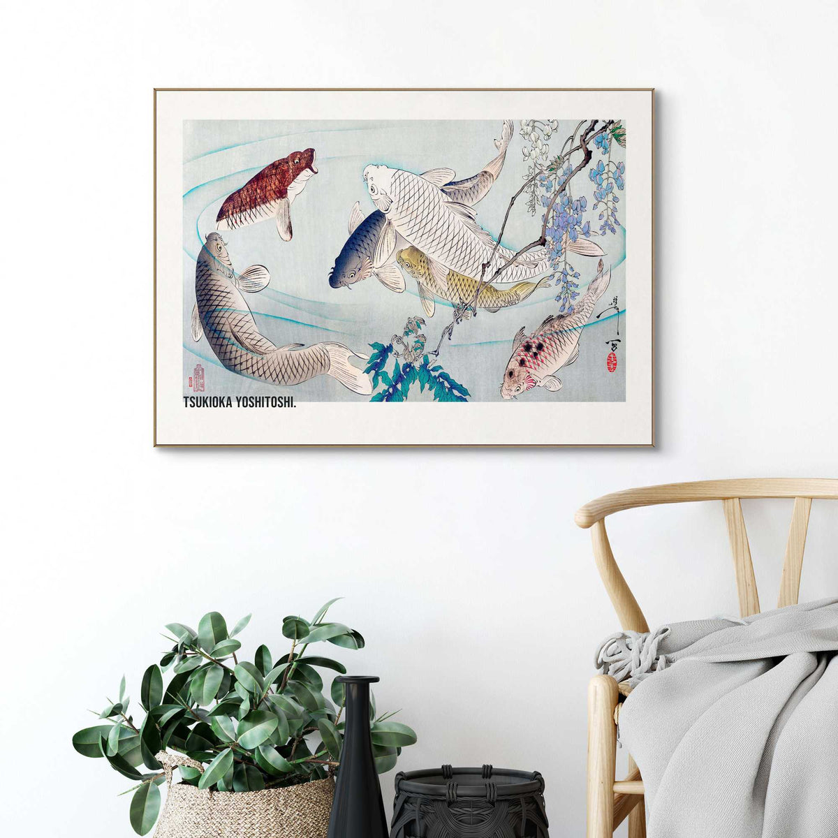 Framed Poster Tsukioka Yoshitoshi - Six Carp Swimming Beneath Wisteria (1889) 50x70