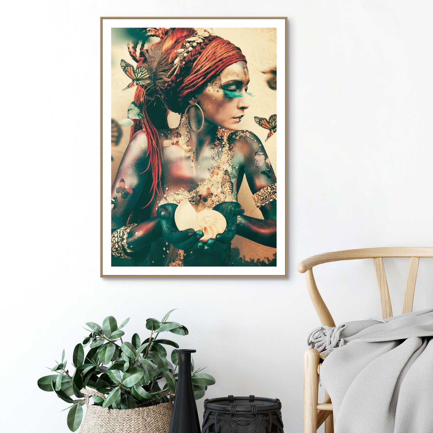 Framed in Wood Boho Butterfly Woman 70x50