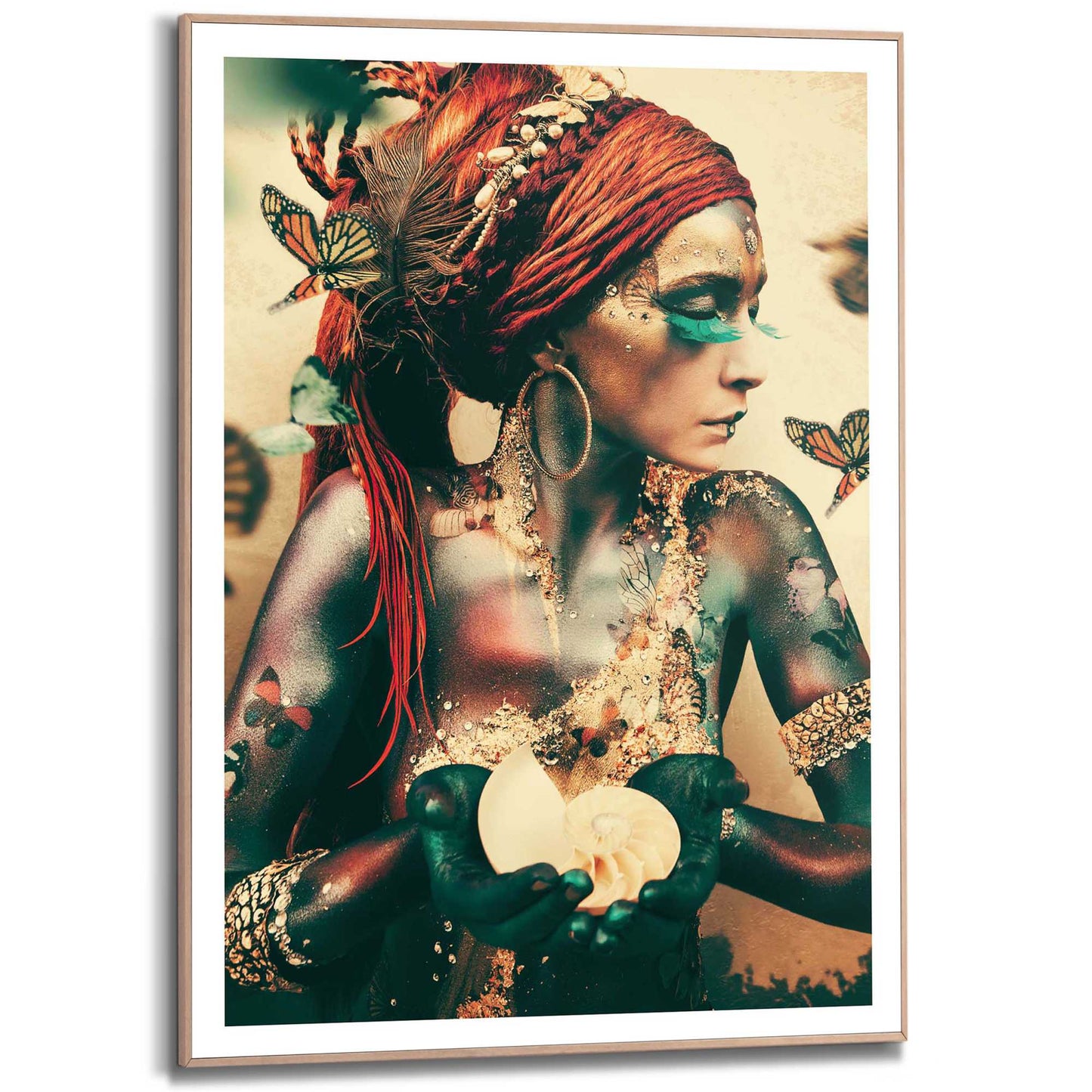 Framed in Wood Boho Butterfly Woman 70x50