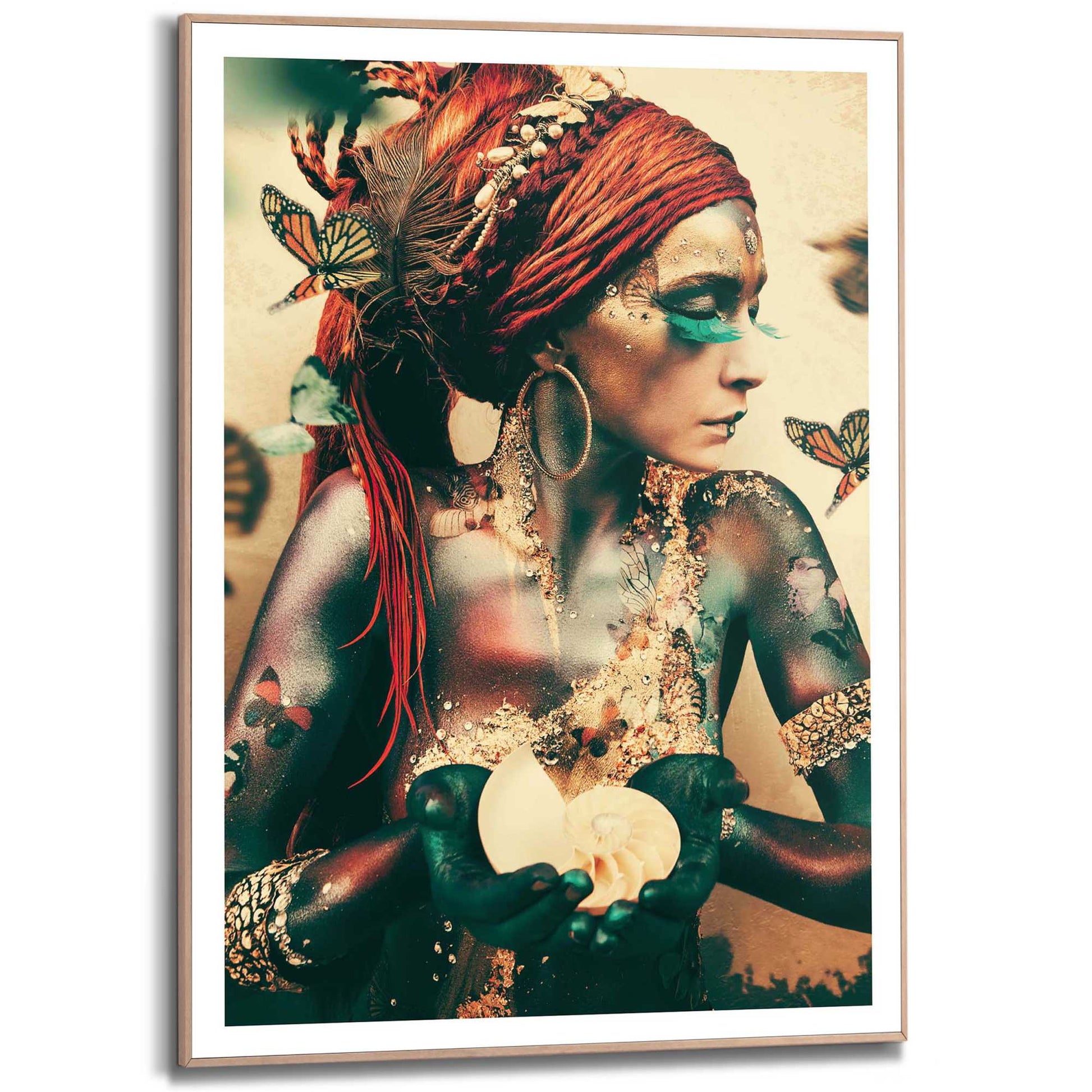 Framed in Wood Boho Butterfly Woman 70x50