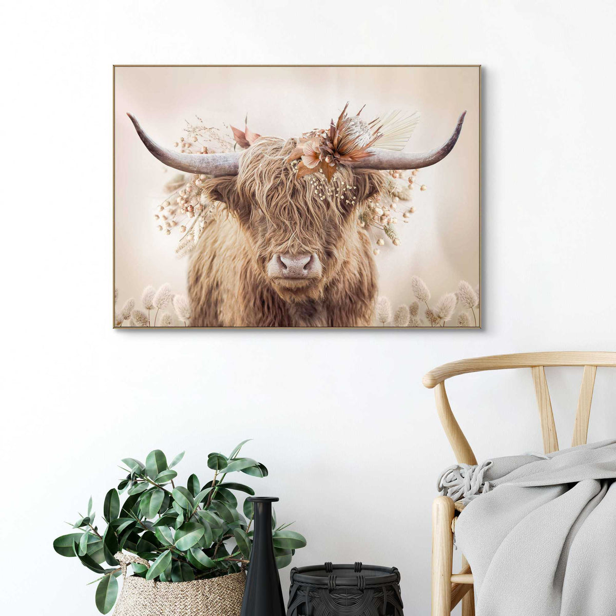 Framed in Wood Cow and Flowers 50x70