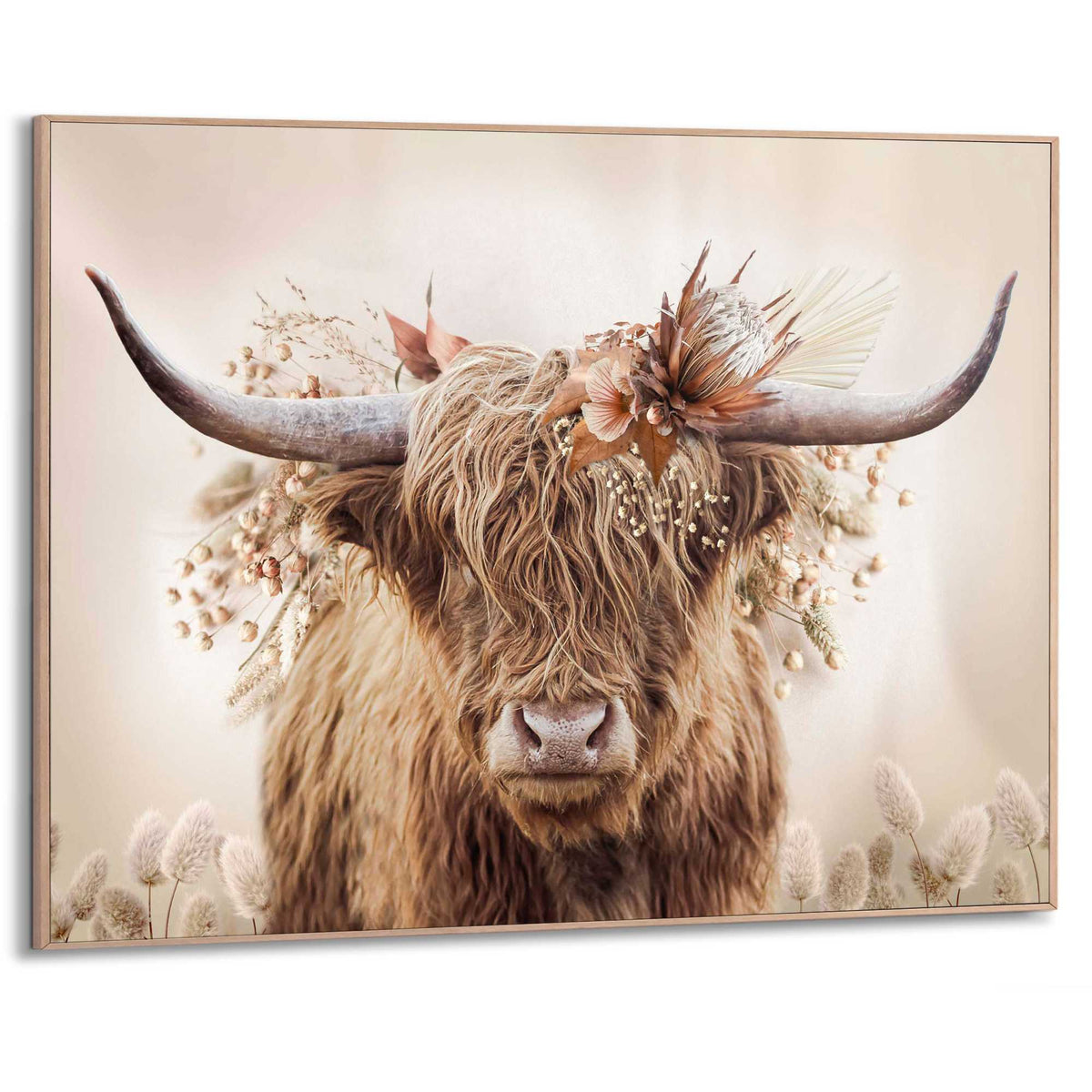 Framed in Wood Cow and Flowers 50x70