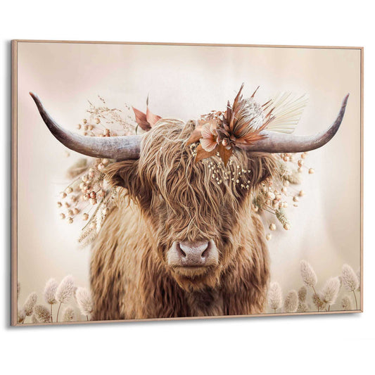 Framed in Wood Cow and Flowers 50x70