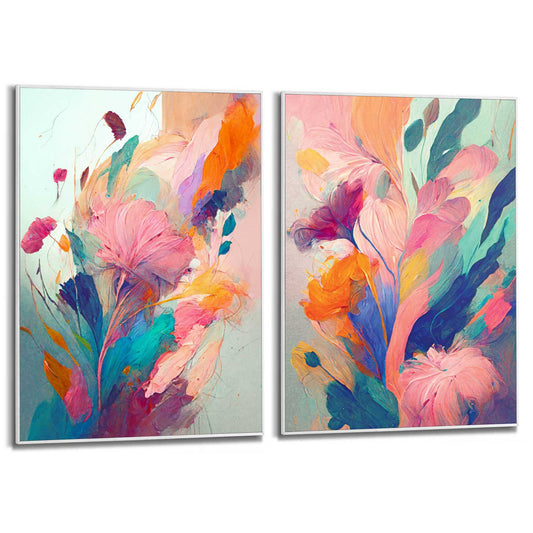 Framed in White Colourful Painted Flowers Set 70x50