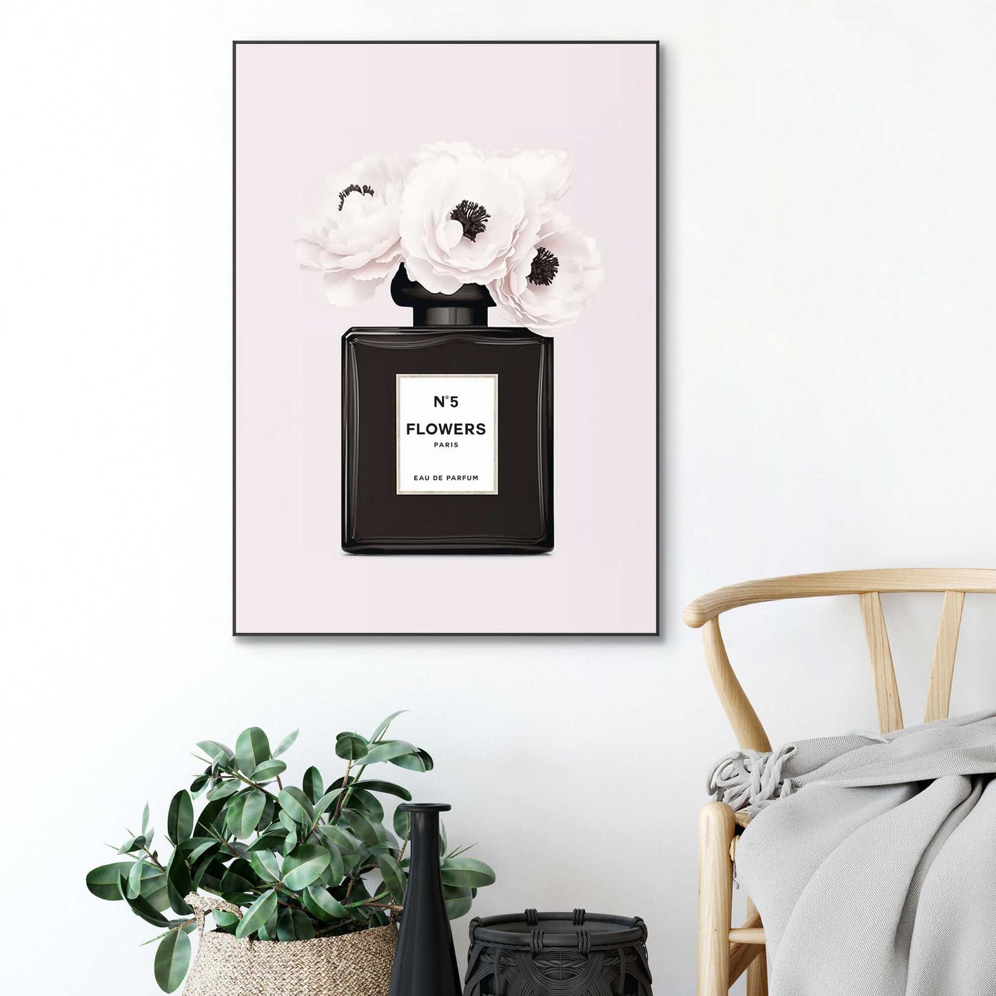 Framed in Black Perfume Bottle Flowers Pink 70x50