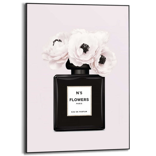 Framed in Black Perfume Bottle Flowers Pink 70x50