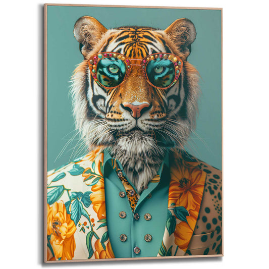 Framed in Wood Turqoise Tiger 70x50