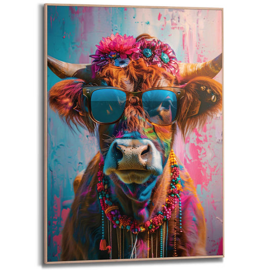 Framed in Wood Painted Cow 70x50