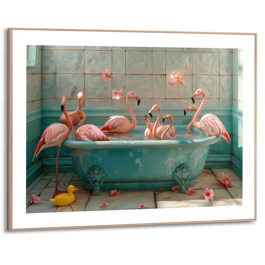 Framed in Wood Flamingo Bath Party 50x70