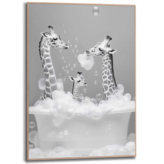 Framed in Wood Family Giraffe 70x50