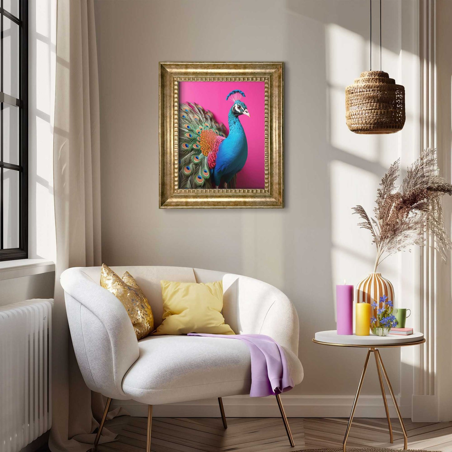 Stylish print in baroque frame Pink Blue Bird 65x55