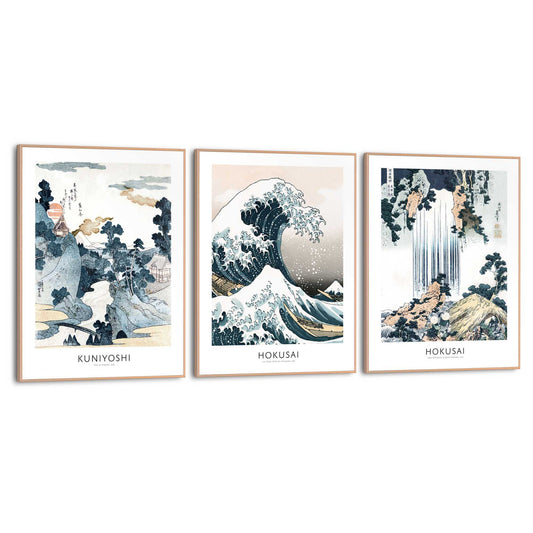 Framed in Wood Hokusai Triptych 40x30
