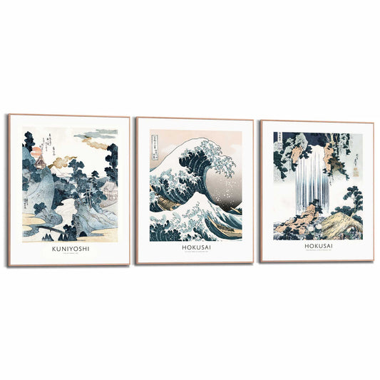 Framed in Wood Hokusai Triptych 50x40