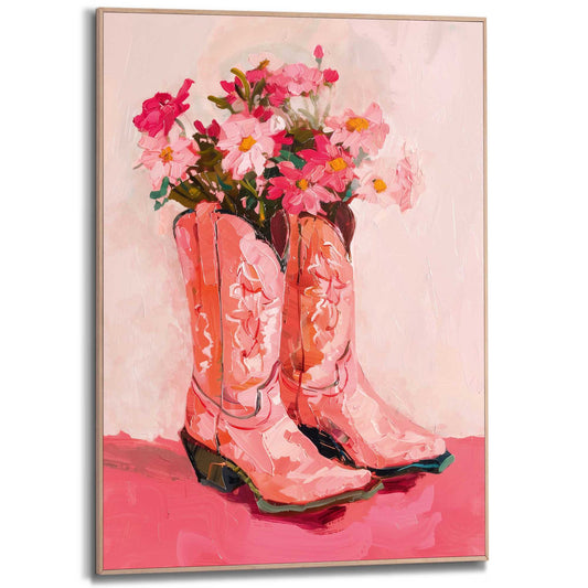 Framed in Wood Pink Boots 70x50