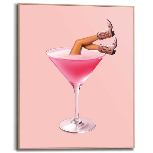 Framed in Wood Pink Flower Boots 50x40