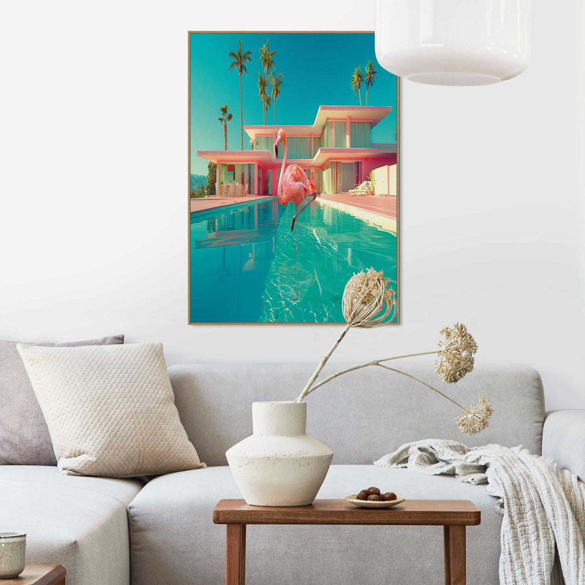Framed in Wood Palm Spring Flamingo 70x50