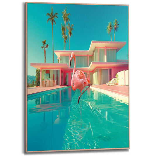 Framed in Wood Palm Spring Flamingo 70x50