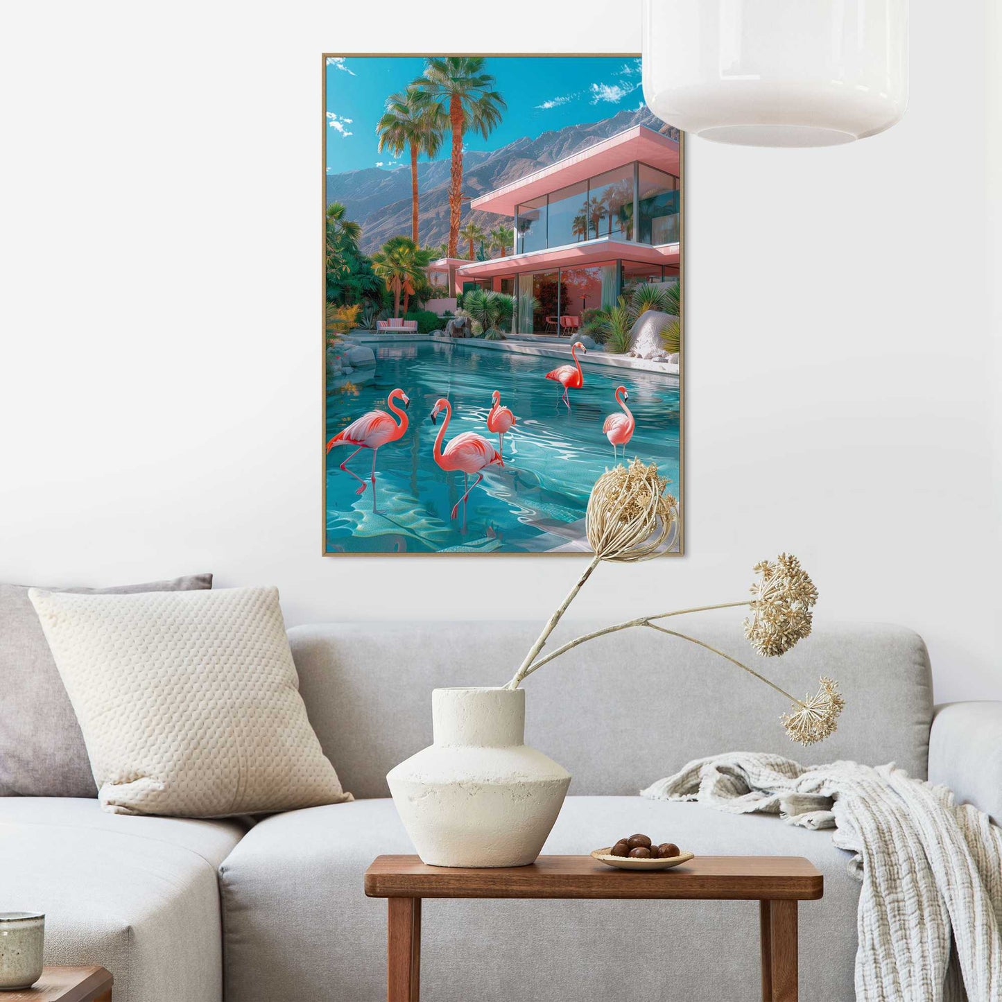 Framed in Wood Flamingo Pool Party 70x50