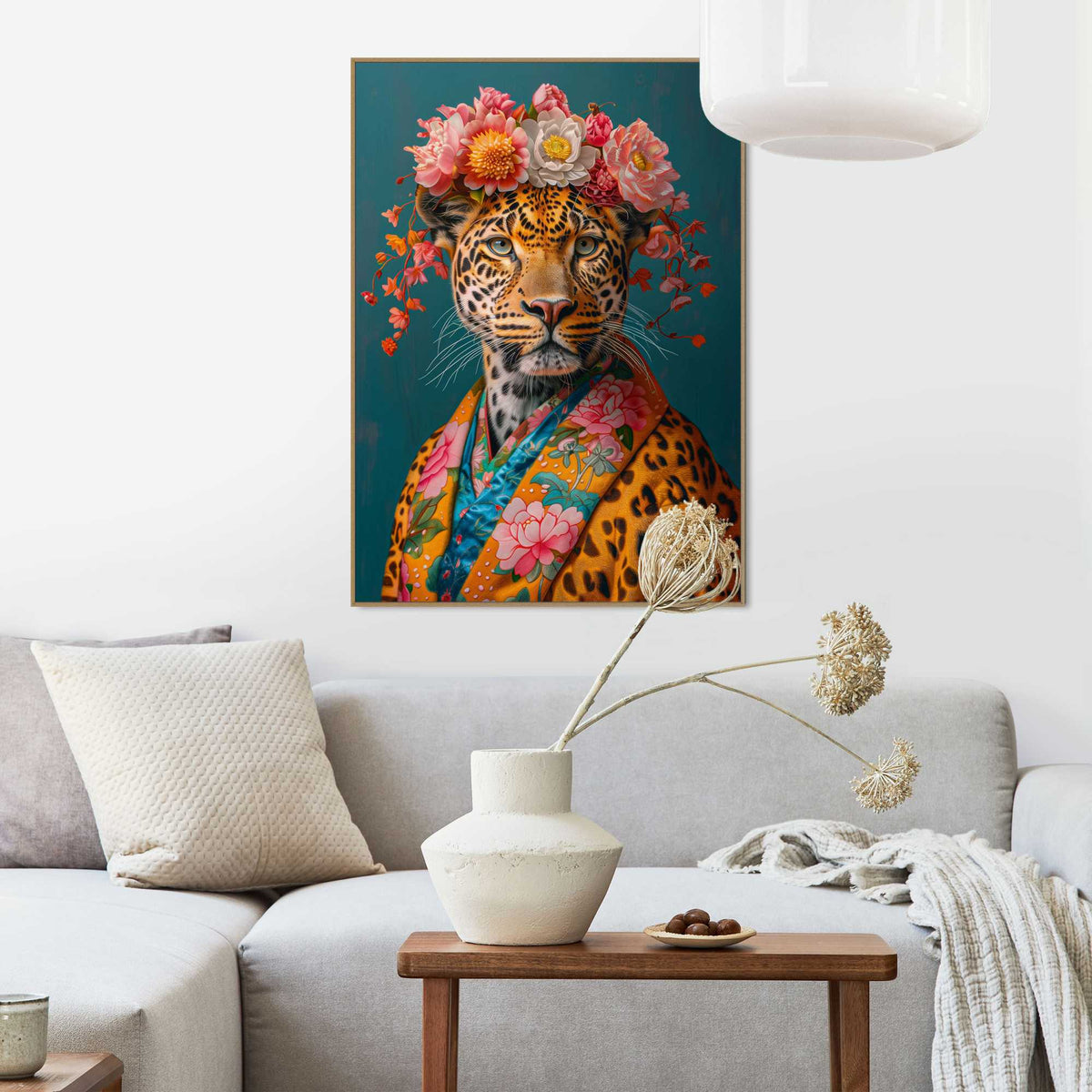 Framed in Wood Floral Fashion Leopard 70x50