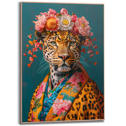 Framed in Wood Floral Fashion Leopard 70x50