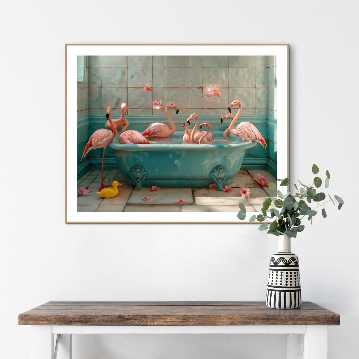 Framed in Wood Flamingo Bath Party 40x50