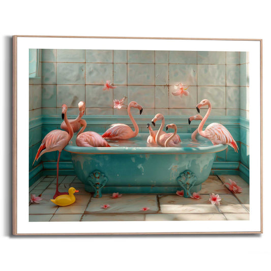 Framed in Wood Flamingo Bath Party 40x50