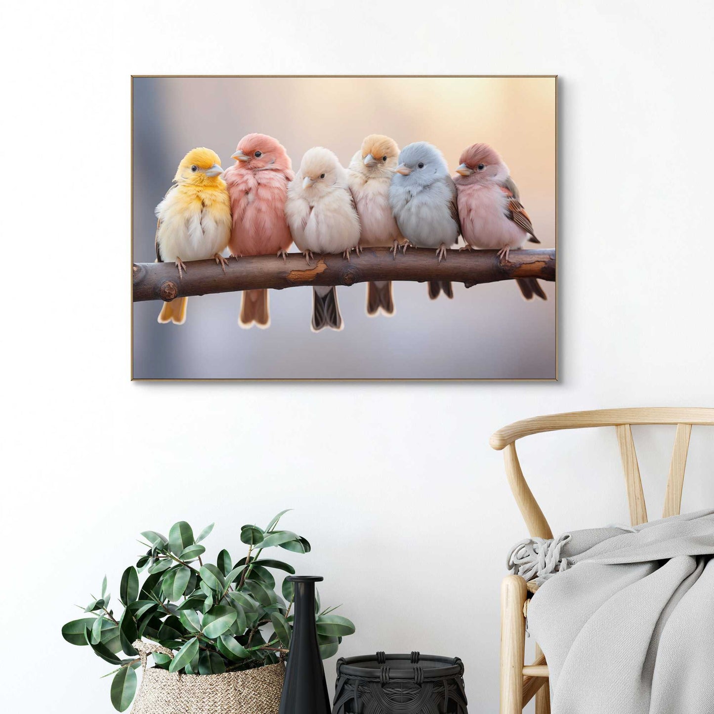 Framed in Wood Birds in Pastel Colours 50x70