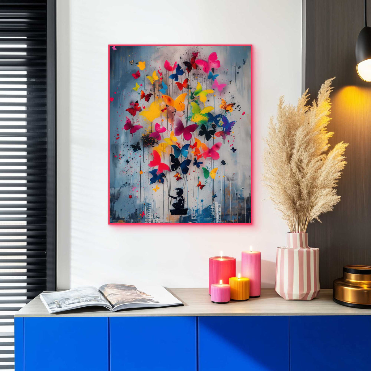 Framed Poster Bright Butterflies in Neon 50x40