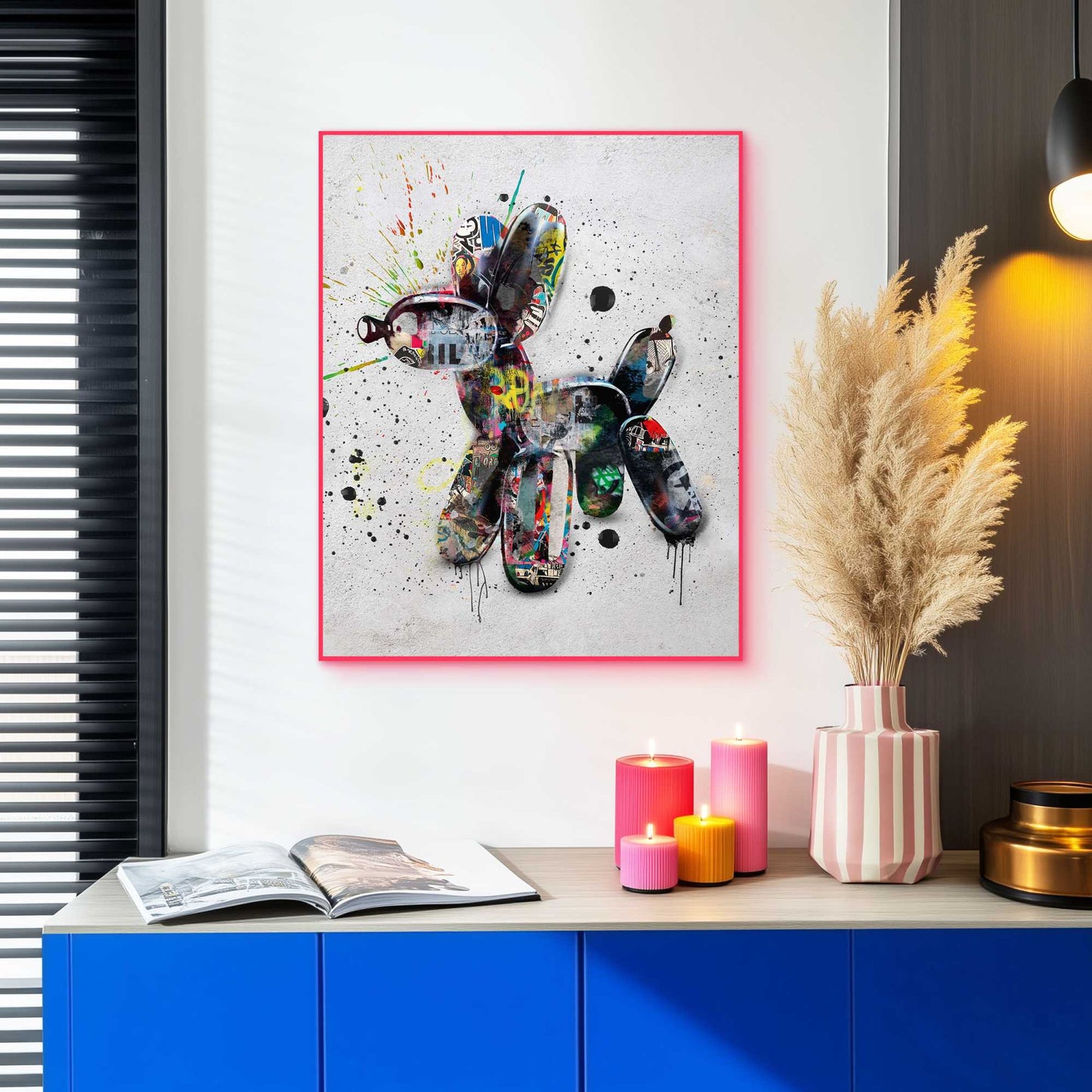 Framed Poster Streetart Dog in Neon 50x40