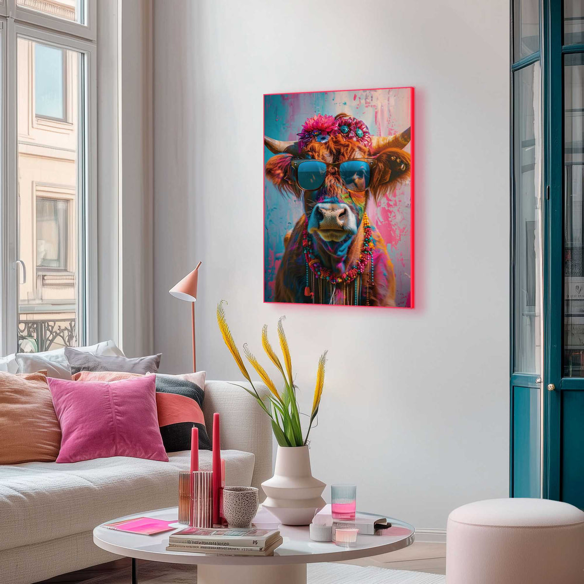 Framed Poster Painted Cow in Neon 70x50