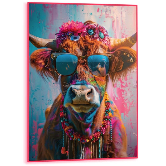 Framed Poster Painted Cow in Neon 70x50