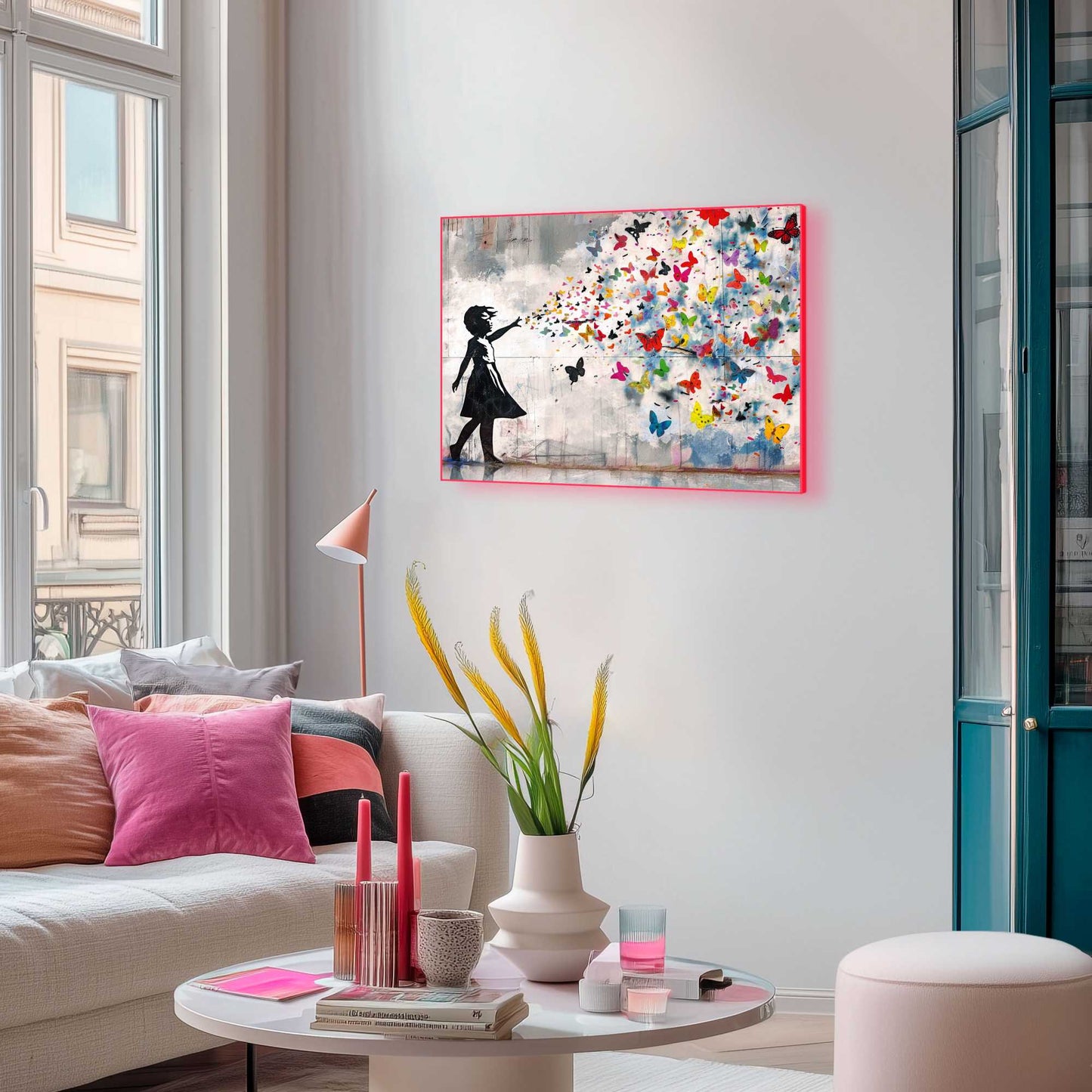 Framed Poster Bright Butterfly Girl in Neon 50x70